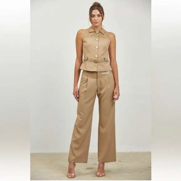 A48. Tan Faux Leather Belted Vest & Pants Set - Picture 5 of 8